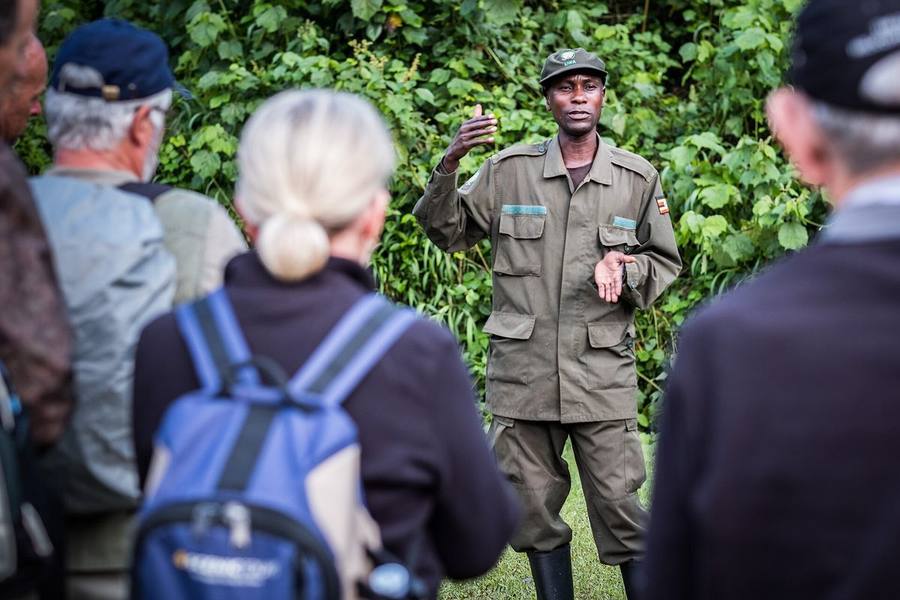 Ranger briefing visitors in the forest